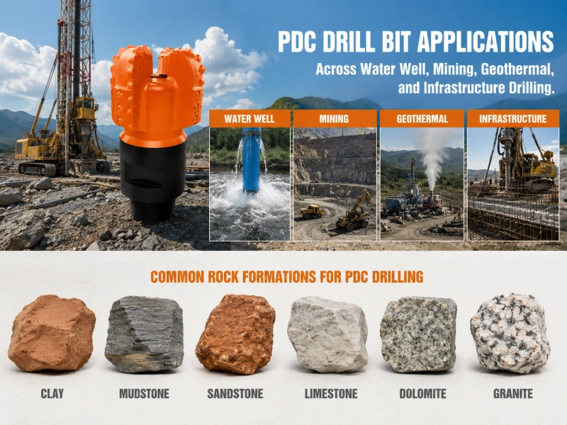 Common rock formations for PDC drilling - clay, mudstone, sandstone, limestone, dolomite, granite